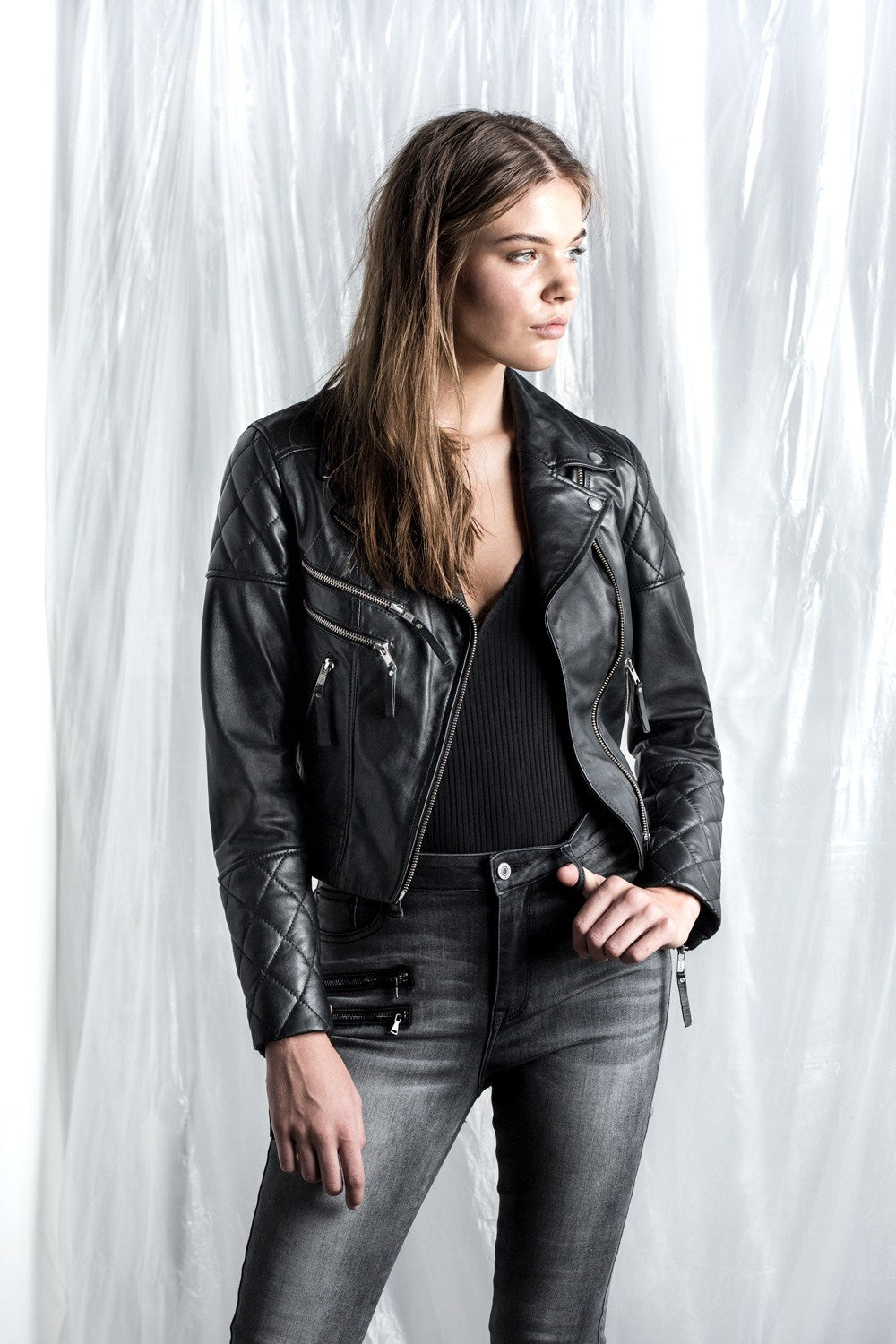 Saint Rose logan leather jacket close up