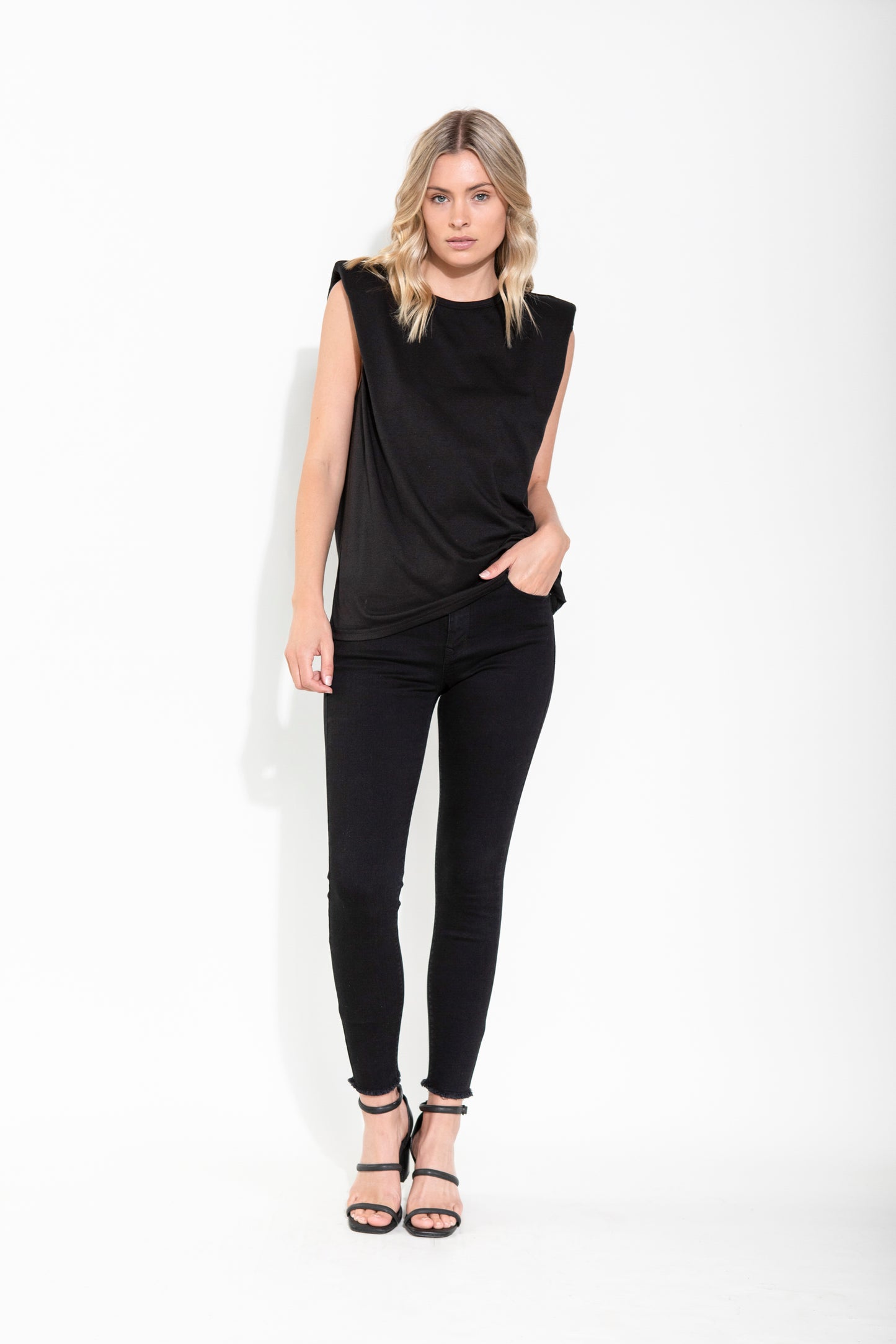 LIVIA PADDED SHOULDER TEE - BLACK