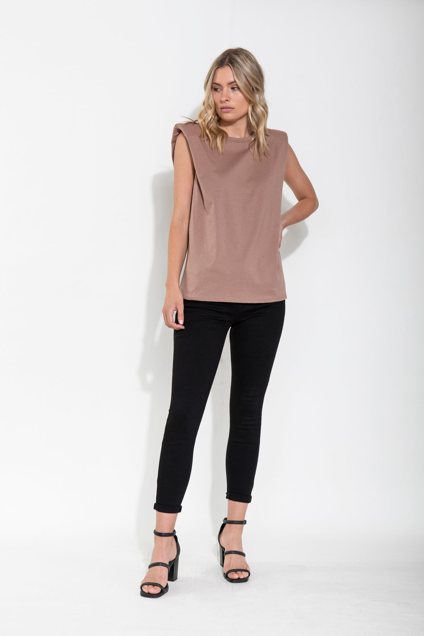 LIVIA PADDED SHOULDER TEE - NUDE