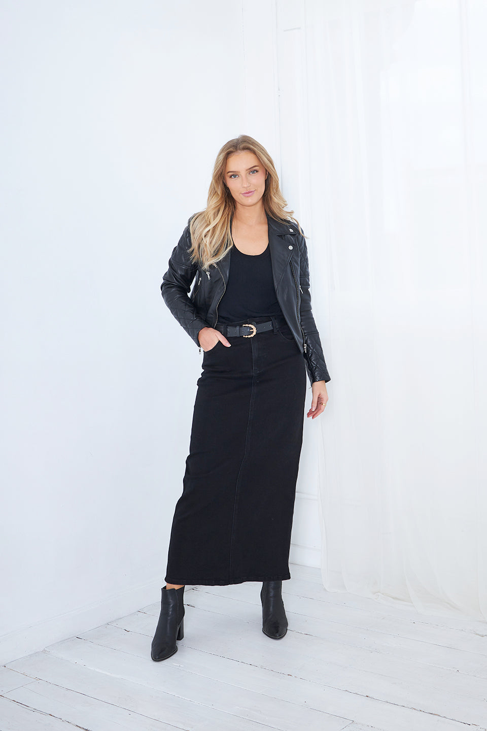 KENDAL DENIM MAXI SKIRT - BLACK